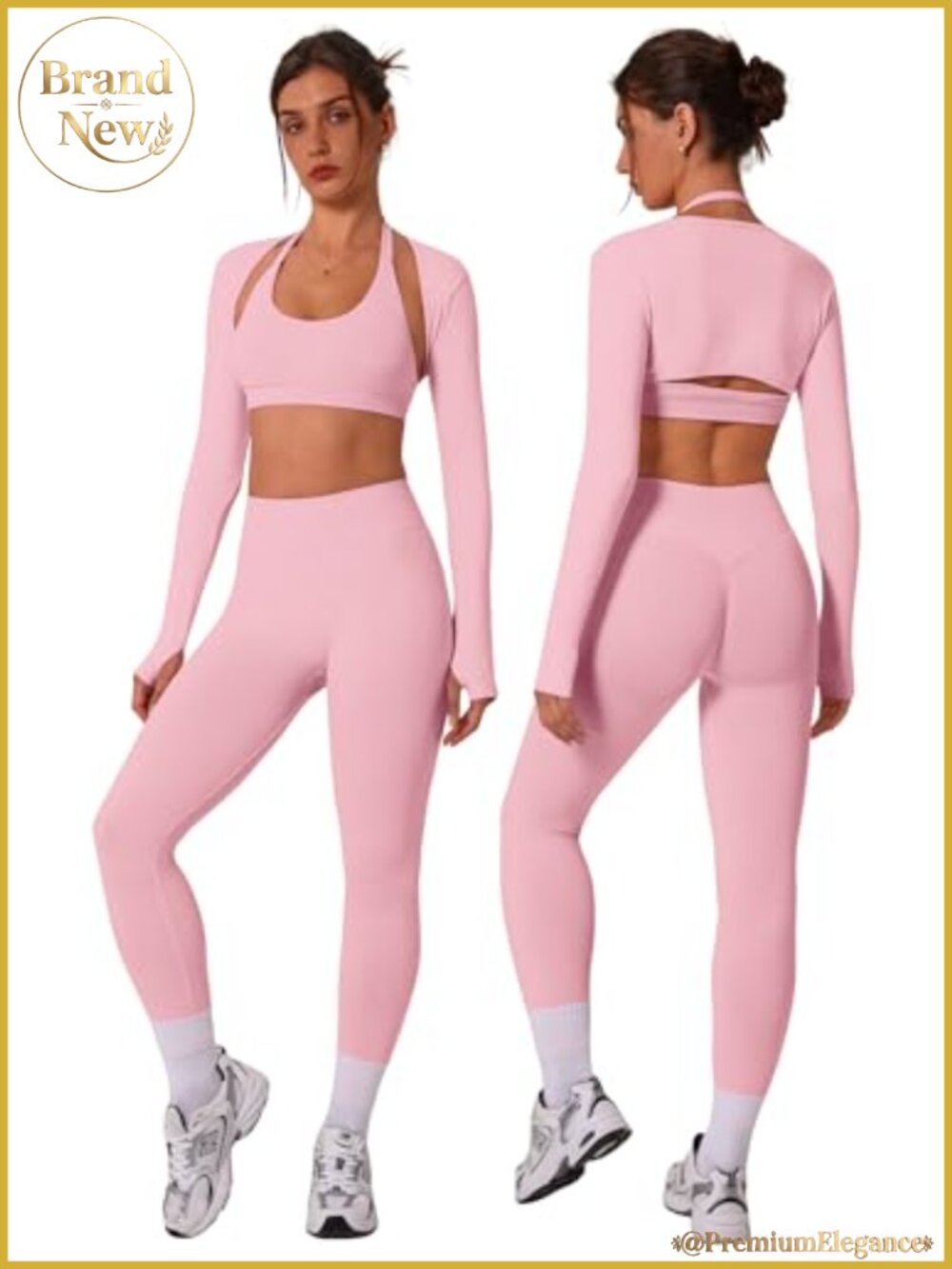 Seamless 3-Piece Workout Set Halter Sports Bra Leggings Shrug